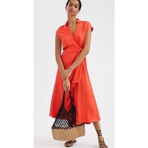 Anthropologie Maeve Open-Back Wrap Midi Dress Size XS Coral Orange Maxi